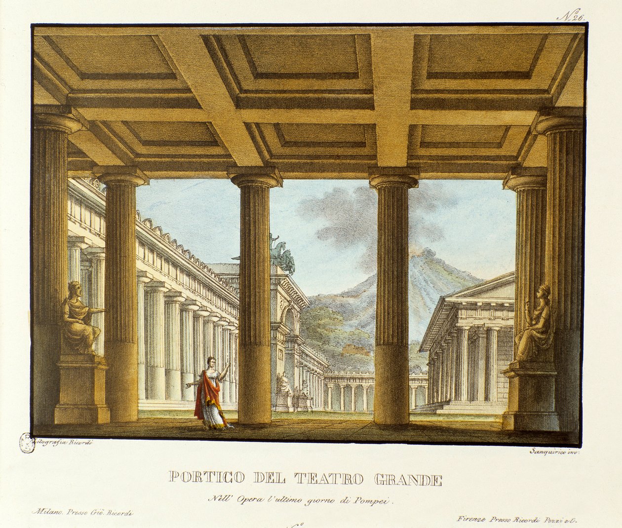 Portico af Grand Theatre i Pompeji, i baggrunden Vesuvescenografien til opførelsen af ​​"operaen" L