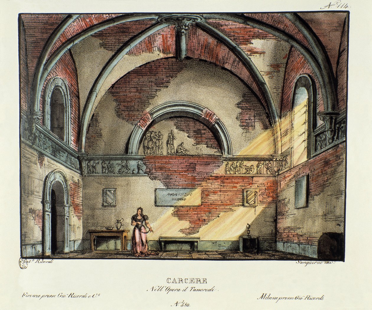 Fængselscellescenografi til opførelsen i Milano i 1829 af operaen "Tancredi" "(eller Tancrede) af Gioacchino Rossini (eller Gioachino) (1813) efter Voltaires stykke "Tancrede". Litografi i "" Samling af naturskønne opfindelser fra 1830 af Alessandro Sanq af Alessandro Sanquirico