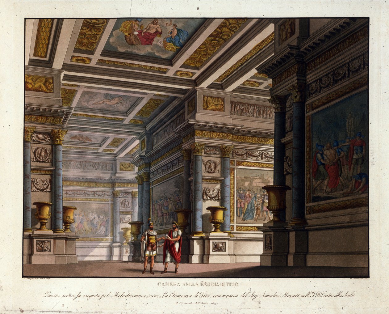 Scenografi af Alessandro Sanquirico (1777-1849) til "La Clemence de Tito" af Wolfgang Amadeus Mozart (1756-1791) klatrer til La Scala i Milano i 1819 og repræsenterer rummet i Titos kongelige palads af Alessandro Sanquirico