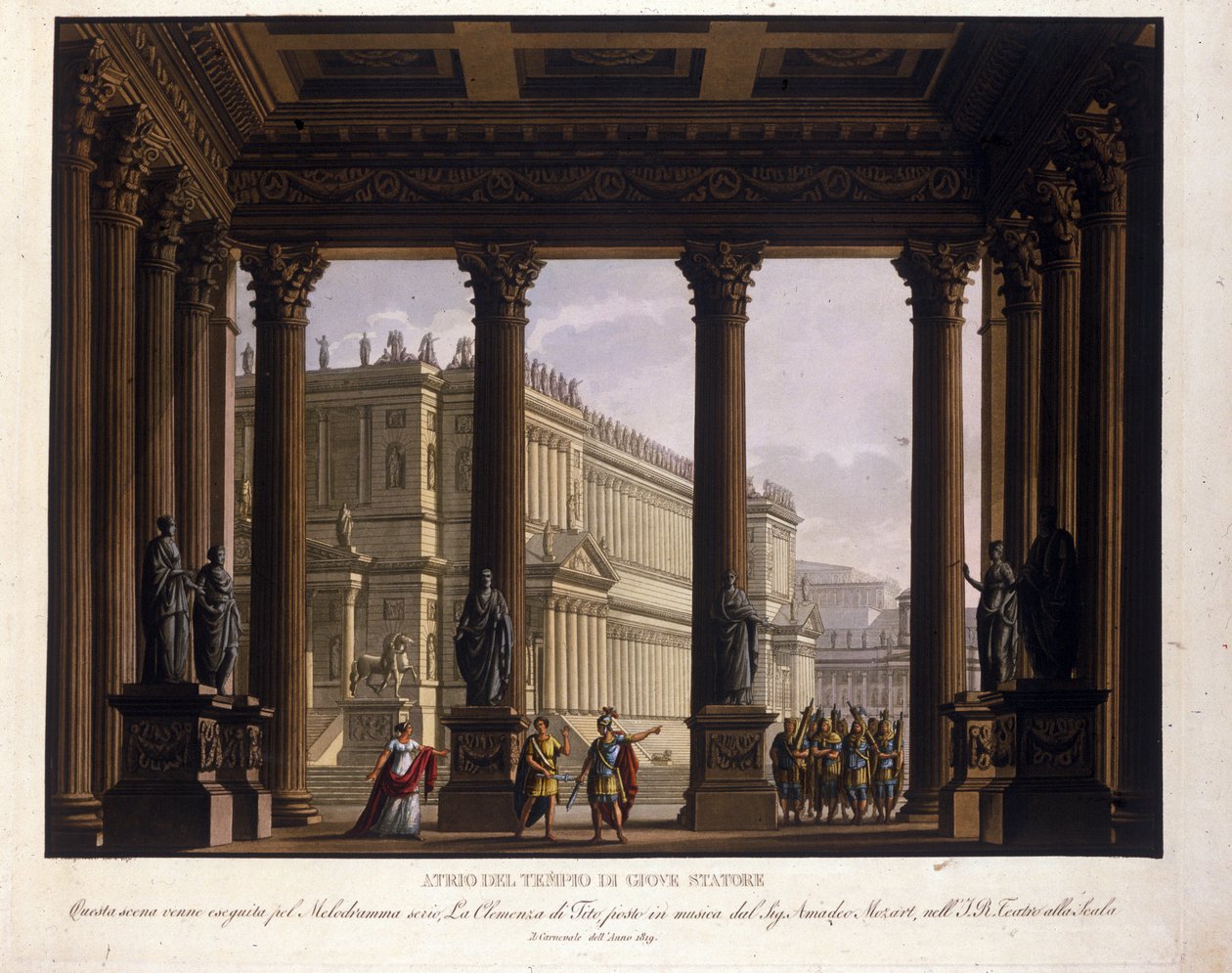 Scenografi af Alessandro Sanquirico (1777-1849) til "The Clemence of Tito" af Wolfgang Amadeus Mozart (1756-1791) klatrer til La Scala i Milano i 1819 og repræsenterer atriumet i Jupiters tempel Stator Stator: Sextus er stoppet; at bevare Viterli af Alessandro Sanquirico