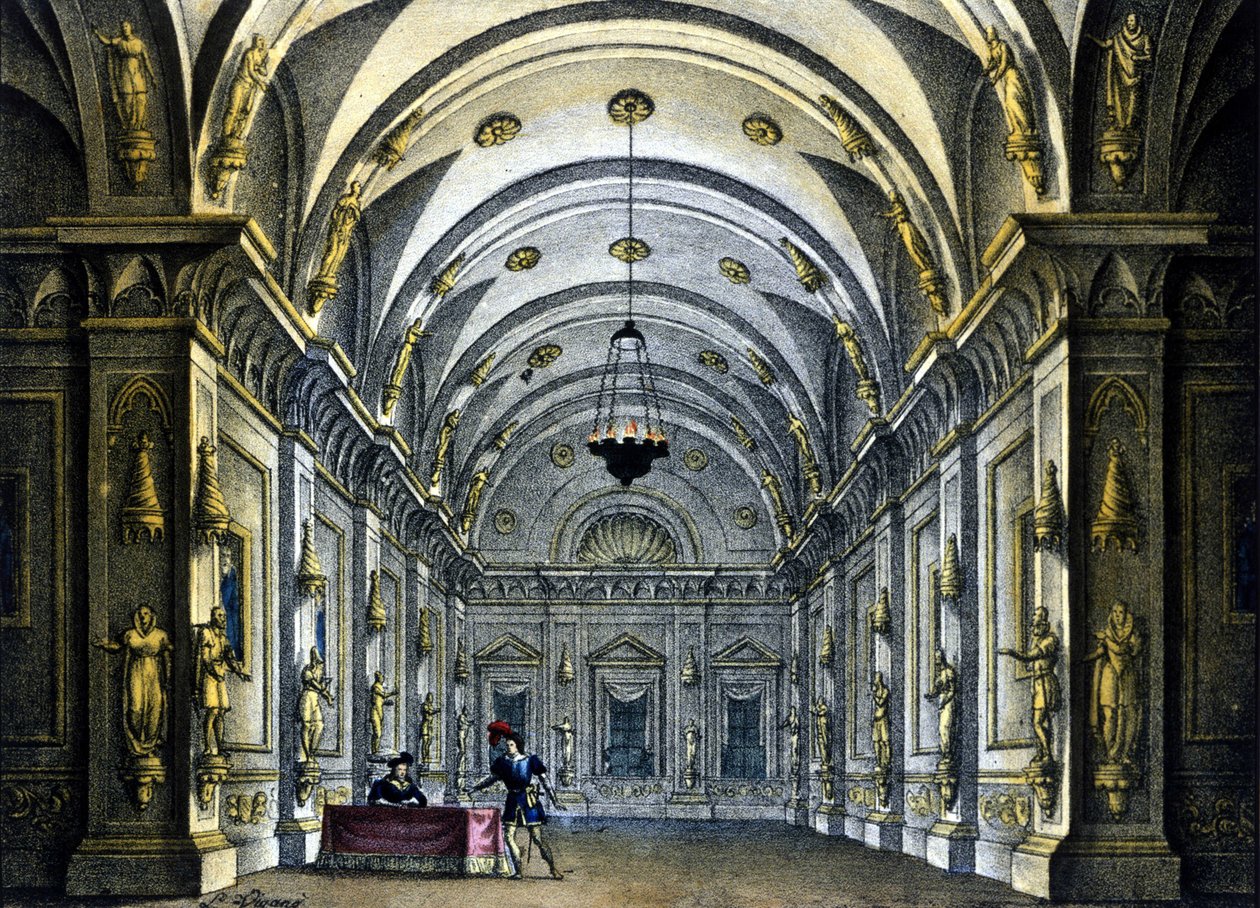 Scenografi af Sanquirico til operaen "Anna Bolena" af Gaetano Donizetti (1797-1848) repræsenteret på Teatro Carcano i Milano af Alessandro Sanquirico
