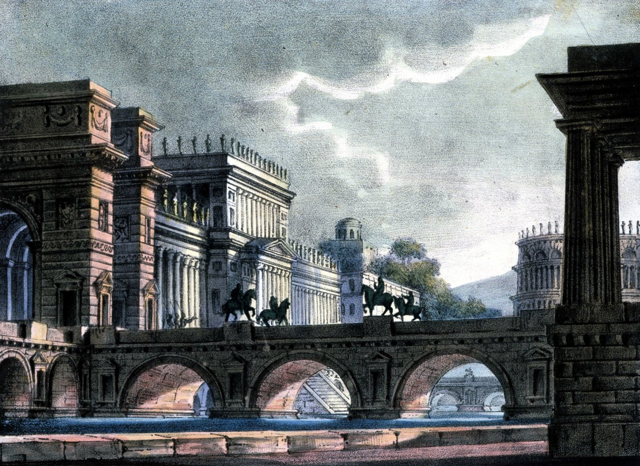 Scenografi af Sanquirico til operaen "The exile of Rome" af Gaetano Donizetti, La Scala af Alessandro Sanquirico