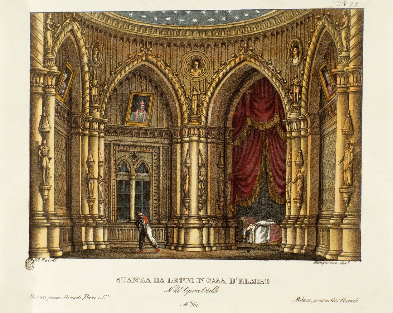 Soveværelset til Elmire (eller Elmiro) Scenografi til operaen "" Otello"" af Gioacchino Rossini (eller Gioachino) (1816) efter William Shakespeares stykke "Othello or the Moor of Venice") 1830 (litografi) af Alessandro Sanquirico