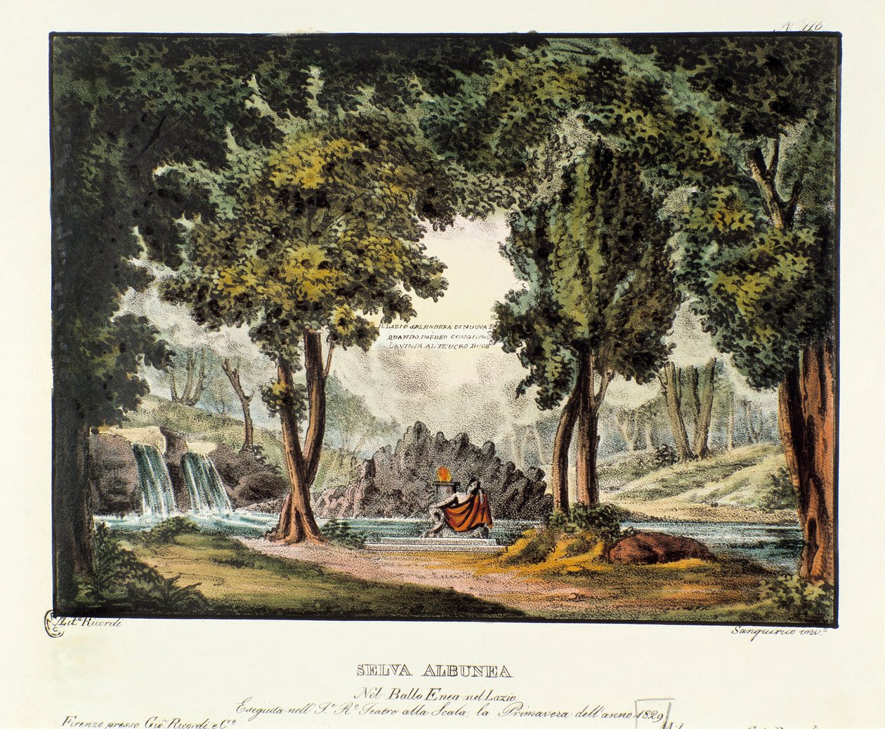 Skoven af ​​Sibyl Albunea Scenografi til fremstilling af operadramaet "" Enea nel Lazio "" (1799) af Giuseppe Sarti. Litografi i "" Samling af naturskønne opfindelser fra 1830 af Alessandro Sanquirico (1777-1849) ". Milanesiske private samlinger af Alessandro Sanquirico