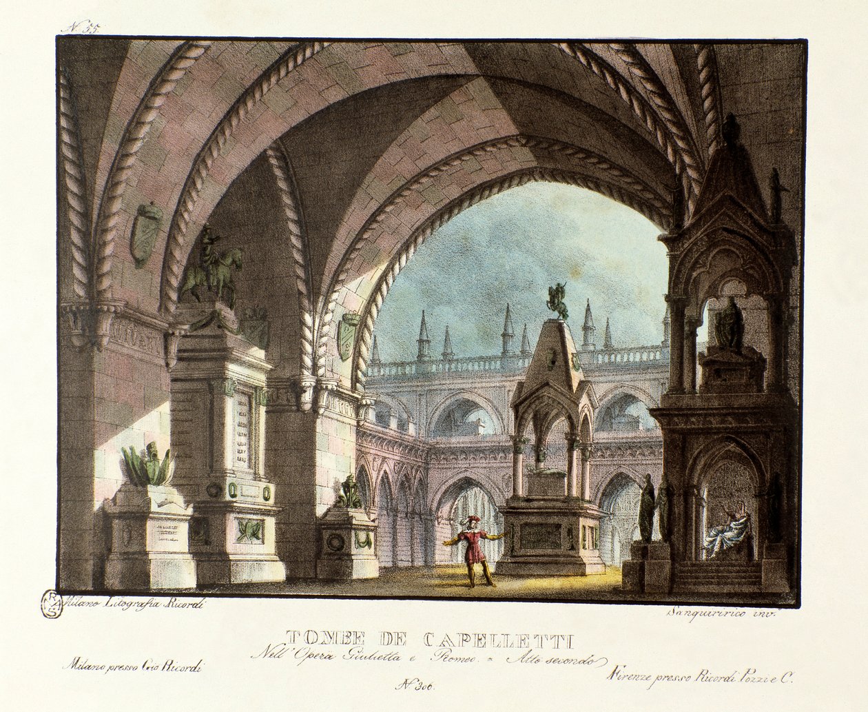Capulet-familiens grav (Capuleti) Scenografi til opførelsen på Teatro Carcano i 1829 af operaen "Giulietta e Romeo" (Juliet og Romeo) (1796) af Niccolo Antonio Zingarelli efter William Shakespeares stykke "Romeo og Julie". Lithograp af Alessandro Sanquirico