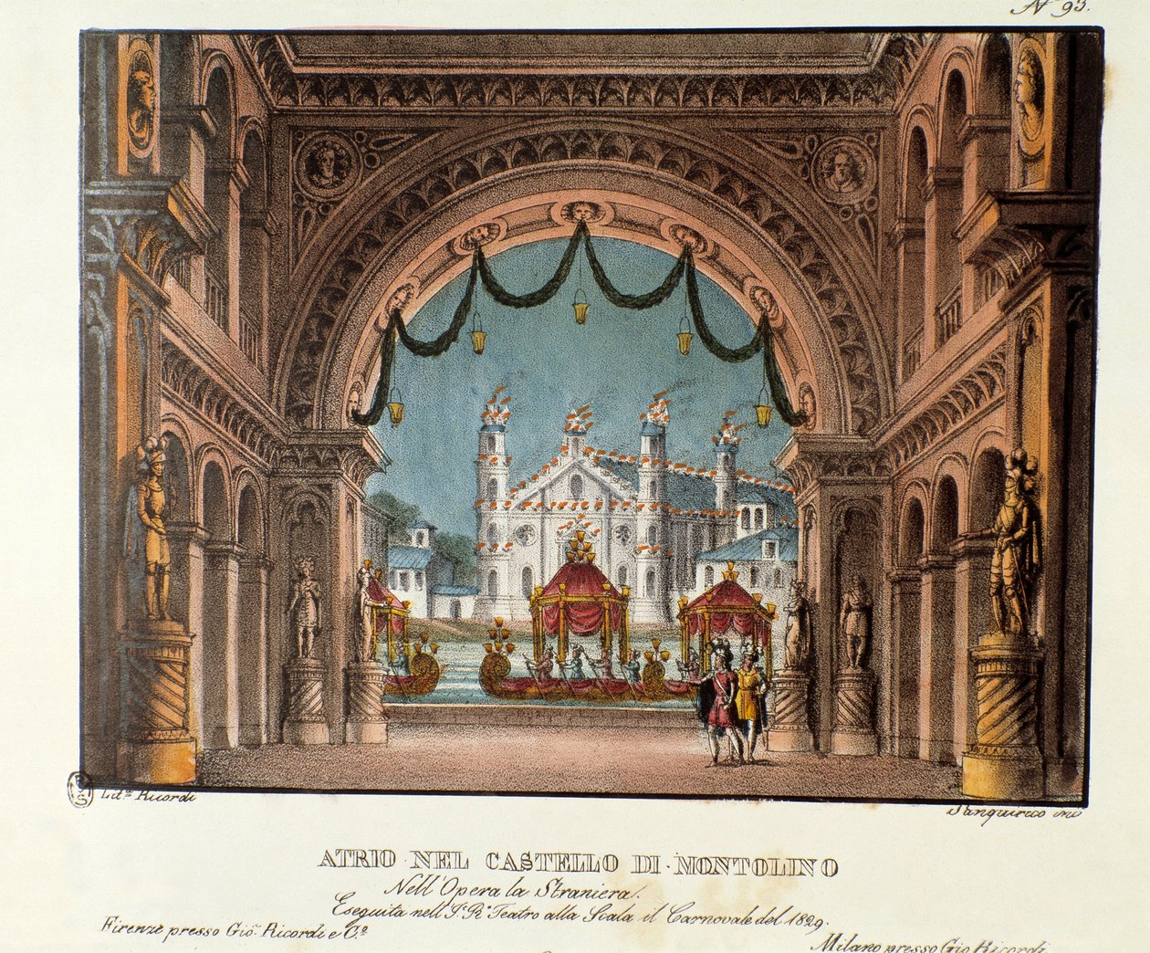 Forhallen på slottet Montolino i Bretagne Scenografi til opførelsen på Teatro alla scala i 1829 af operaen "La straniera" "(1828) af Vincenzo Bellini. Litografi i "" Samling af naturskønne opfindelser fra 1830 af Alessandro Sanquiri af Alessandro Sanquirico