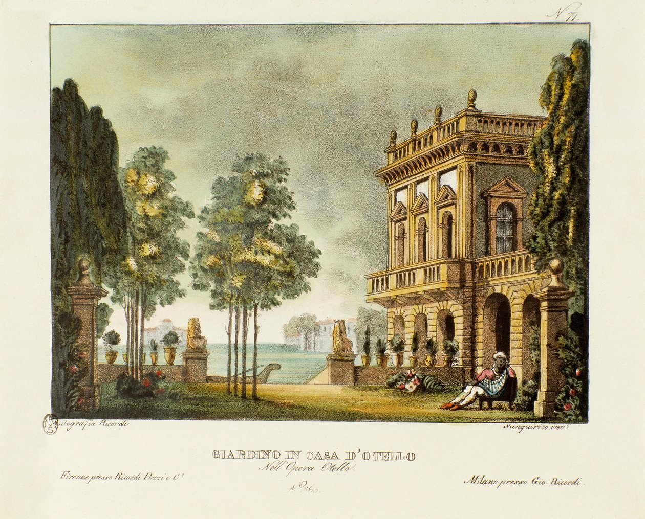 Udsigt over Otellos have og hus Scenografi til operaen "" Otello "" af Gioacchino Rossini (eller Gioachino) (1816) efter William Shakespeares værk "" Othello or the Moor of Venice "). Litografi i "" Alessandras samling af naturskønne opfindelser fra 1830 af Alessandro Sanquirico
