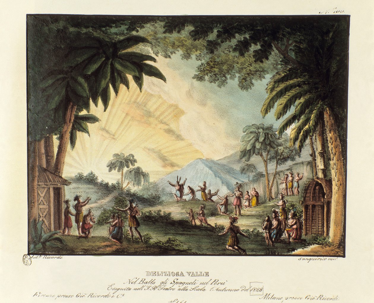 Udsigt over en lækker dal på tidspunktet for erobringen af den nye verden af den spanske scenografi til balletten "" Gli spagnoli nel Peru"" af den italienske koreograf Giovanni Galzerani (1780-1865) (1828). Litografi i "" Raccolta di invenzioni sceniche d af Alessandro Sanquirico