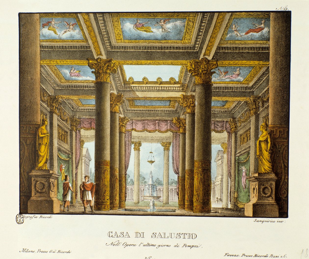 Udsigt over House of Salustio (Saluste) Scenografi til repræsentationen af ​​Giovanni Pacinis "The Last Day of Pompei" (The Last Day of Pompei). Litografi i "" Samling af naturskønne opfindelser fra 1830 af Alessandro Sanquirico (1777-1849) ". Milano af Alessandro Sanquirico