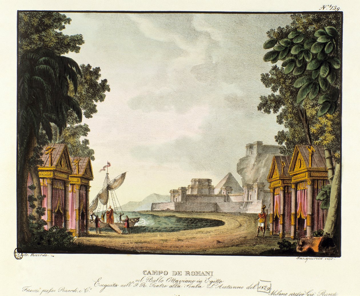 Udsigt over den romerske lejr Scenografi til balletten "" Octavian in Egypt "" af den italienske koreograf Giovanni Galzerani (1780-1865) (1828). Litografi i "" Samling af naturskønne opfindelser fra 1830 af Alessandro Sanquirico (1777-1849) ". Milanesisk  af Alessandro Sanquirico