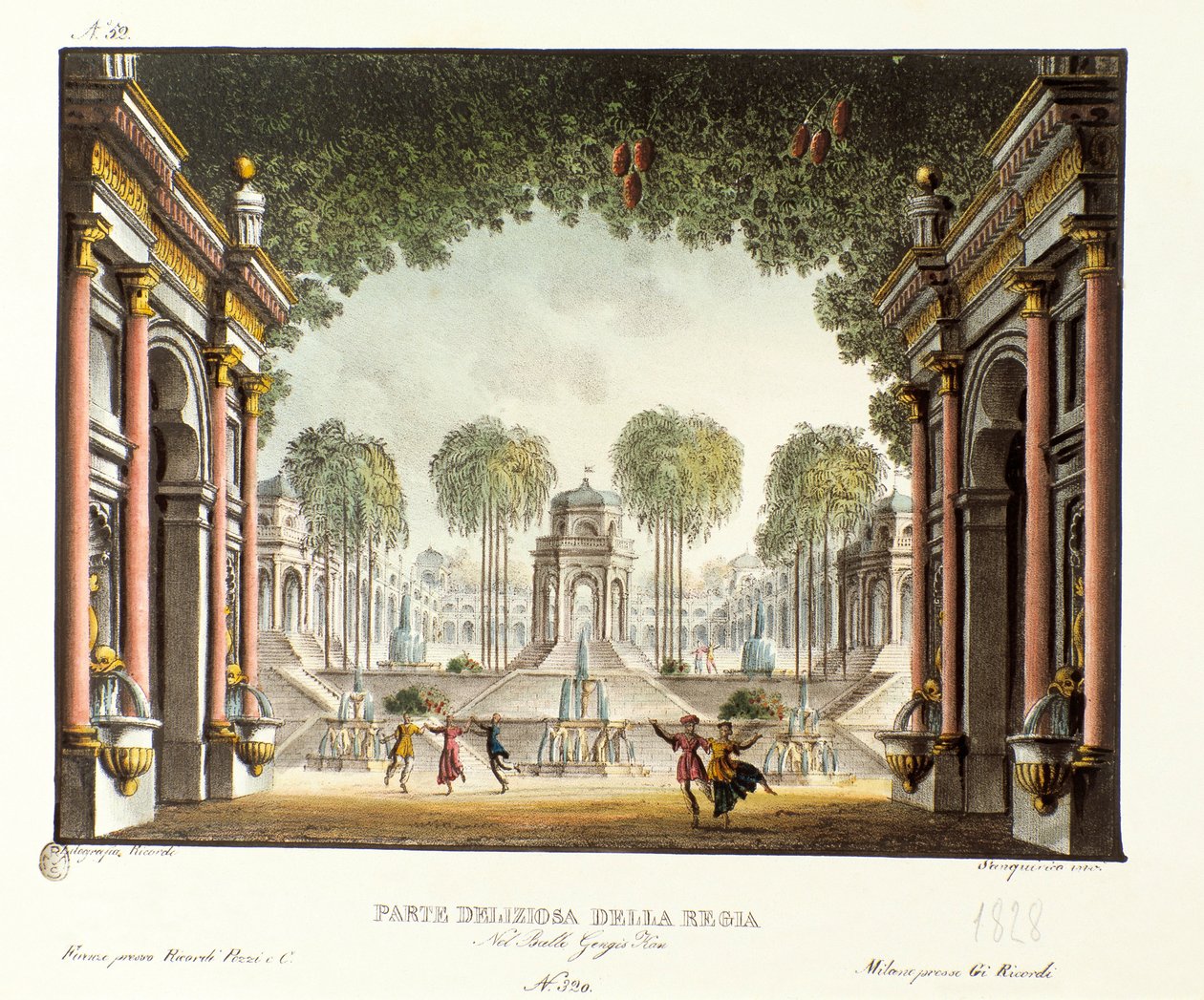 Udsigt over det kongelige hof i Djengis Khans palads Scenografi til balletten "" Genis-Kan "" af den italienske koreograf Giovanni Galzerani (1780-1865) (1828). Litografi i "" Samling af naturskønne opfindelser fra 1830 af Alessandro Sanquirico (1777-1849) af Alessandro Sanquirico