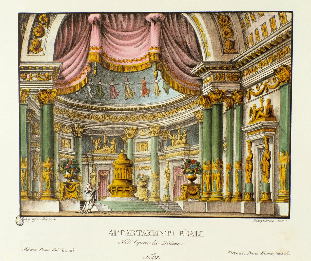 Udsigt over Dronningen af Karthago Didons kongelige palads Scenografi til gengivelse af den lyriske tragedie "" Didone" (Didon) (1783) af komponisten Niccolo Vito Piccinni (eller Piccini) efter operaen Metastasio (Metastase). Litografi i "" Racco af Alessandro Sanquirico