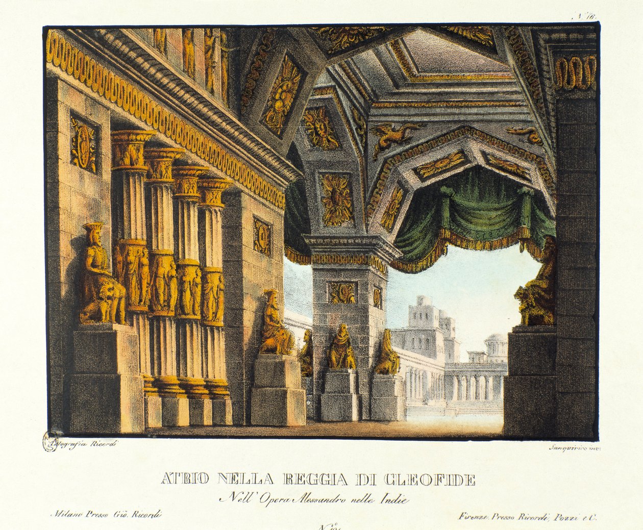 Udsigt over indgangen til det kongelige palads Cleophis (Cleofide), kong Poros elskerinde besejret af Alexander den Store Scenografi for repræsentationen af "operaen "Alessandro Nell