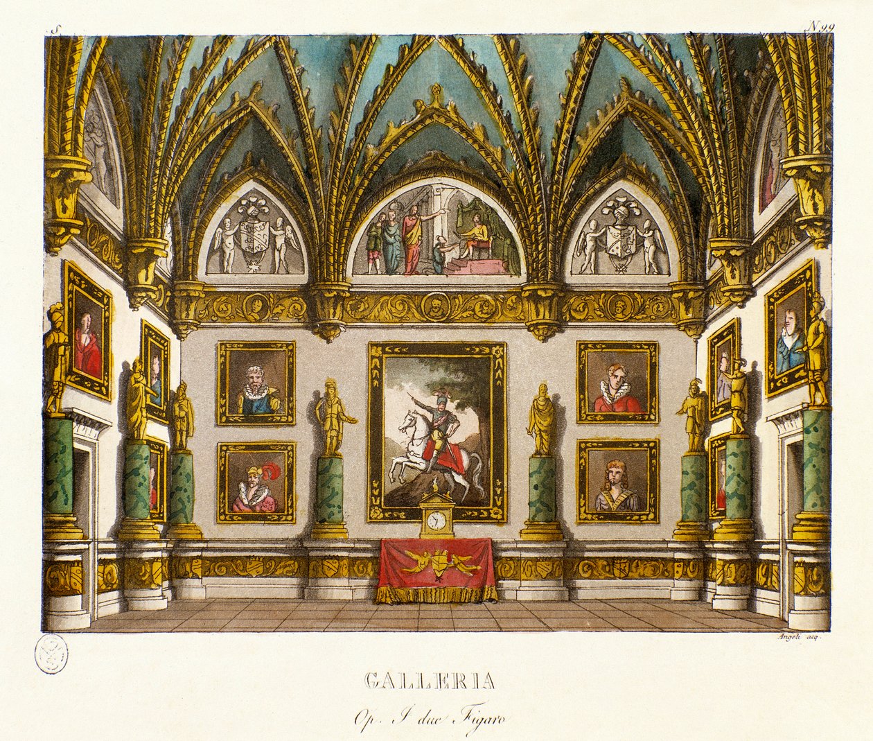 Udsigt over galleriet, der er dekoreret med malerier Scenografi til operaen "" I due figaro""" af den italienske komponist Giuseppe Saverio Raffaele Mercadante (1795-1870), efter stykket "" De to figaroer eller komedien" (1794) ) af Honore Francois Richaud af Alessandro Sanquirico
