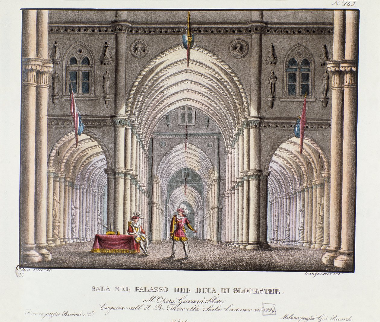 Udsigt over hallen i hertugen af ​​Gloucesters palads Scenografi til repræsentation af operaen "Giovanna Shore" (Jeanne Shore) af Carlo Ponti (1829). Litografi i "" Samling af naturskønne opfindelser fra 1830 af Alessandro Sanquirico (1777-1849) " af Alessandro Sanquirico