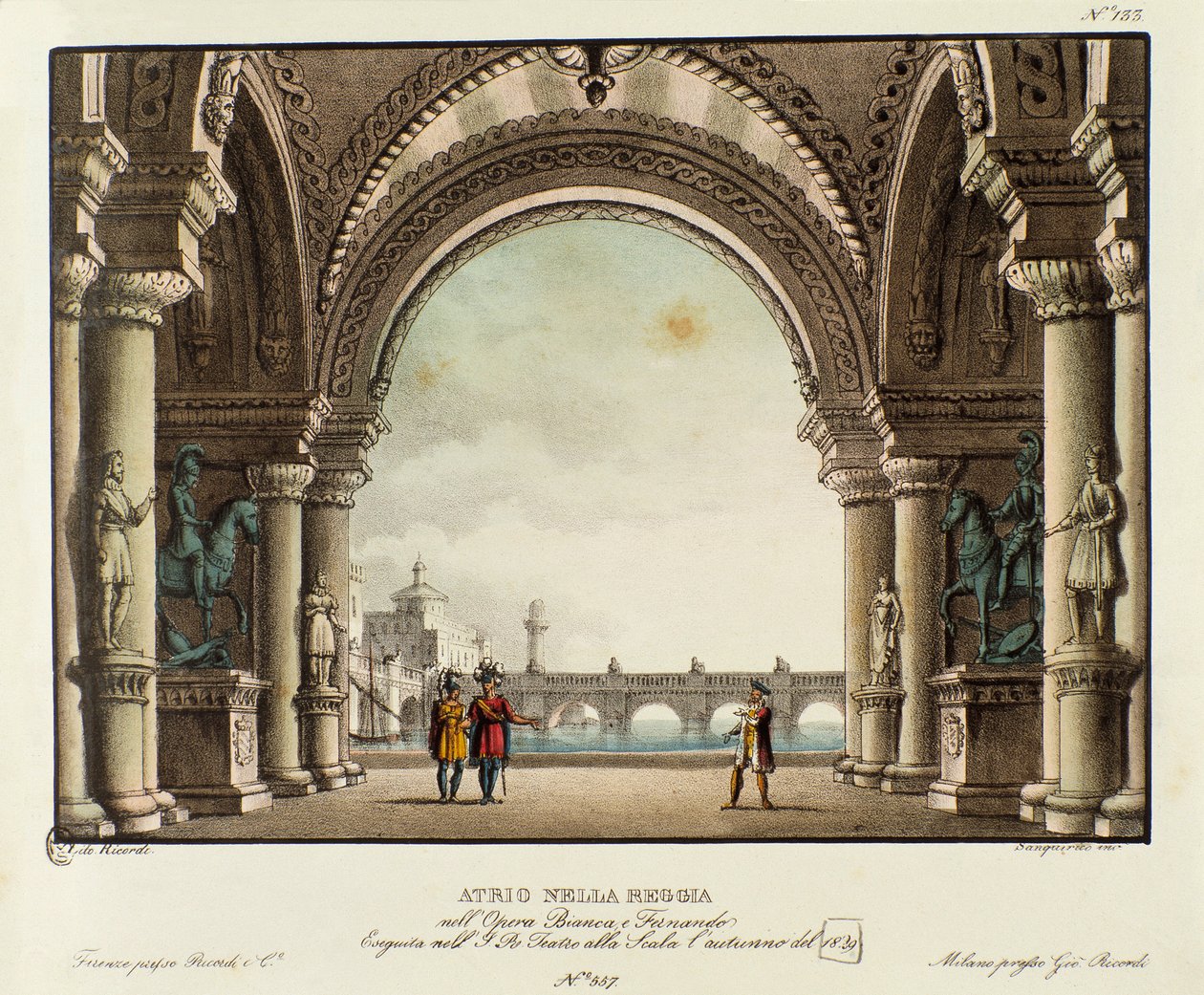Udsigt over kongeslottets sal Scenografi til repræsentationen i 1829 af operaen "Bianca e Fernando" af Vincenzo Bellini (1826). Litografi i "" Samling af naturskønne opfindelser fra 1830 af Alessandro Sanquirico (1777-1849) ". Privat Milanese af Alessandro Sanquirico
