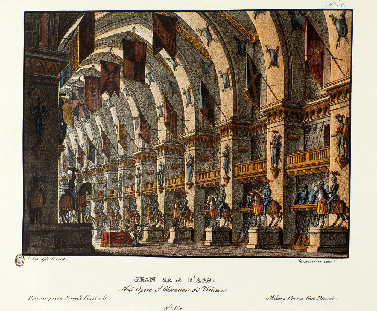 Udsigt over det store våbenrum Scenografi til fremstilling af operaen "I cavalieri di Valenza" af Giovanni Pacini og Gaetano Rossi (1828). Litografi i "" Samling af naturskønne opfindelser fra 1830 af Alessandro Sanquirico (1777-1849) ". Milanese s af Alessandro Sanquirico