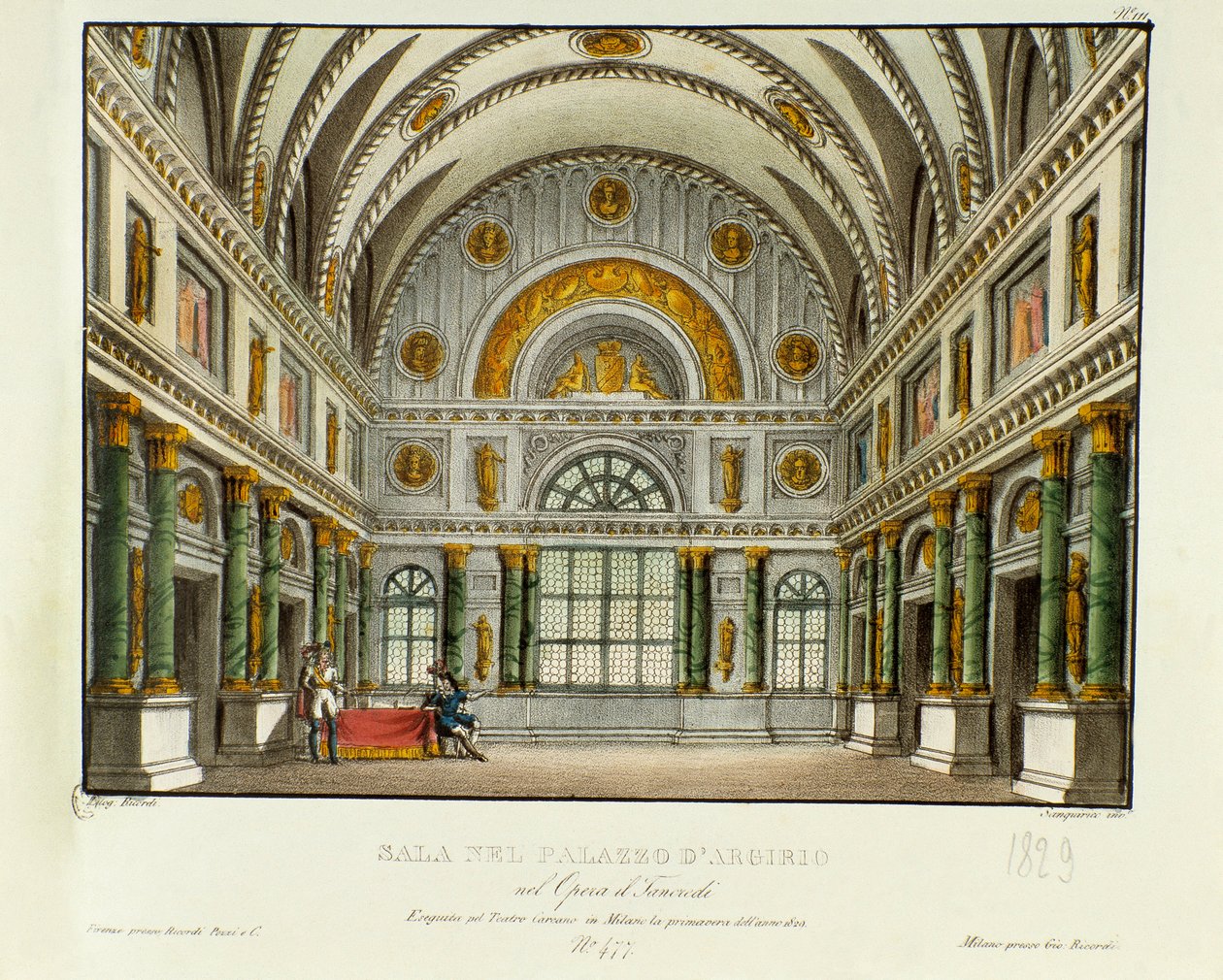 Udsigt over paladset for kongen af ​​Syracuse Argirio Scenografi til opførelsen i Milano i 1829 af operaen "Tancredi" (eller Tancrede) af Gioacchino Rossini (eller Gioachino) (1813) efter Voltaires stykke "Tancrede". Litografi i "" Samling af opfindelser af Alessandro Sanquirico