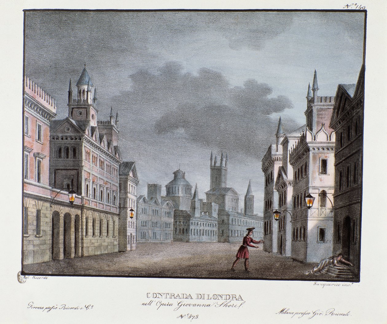 Udsigt over Londons forstæder Scenografi til fremstilling af operaen "Giovanna Shore" (Jeanne Shore) af Carlo Ponti (1829). Litografi i "" Samling af naturskønne opfindelser fra 1830 af Alessandro Sanquirico (1777-1849) ". Milanesisk privat samling af Alessandro Sanquirico