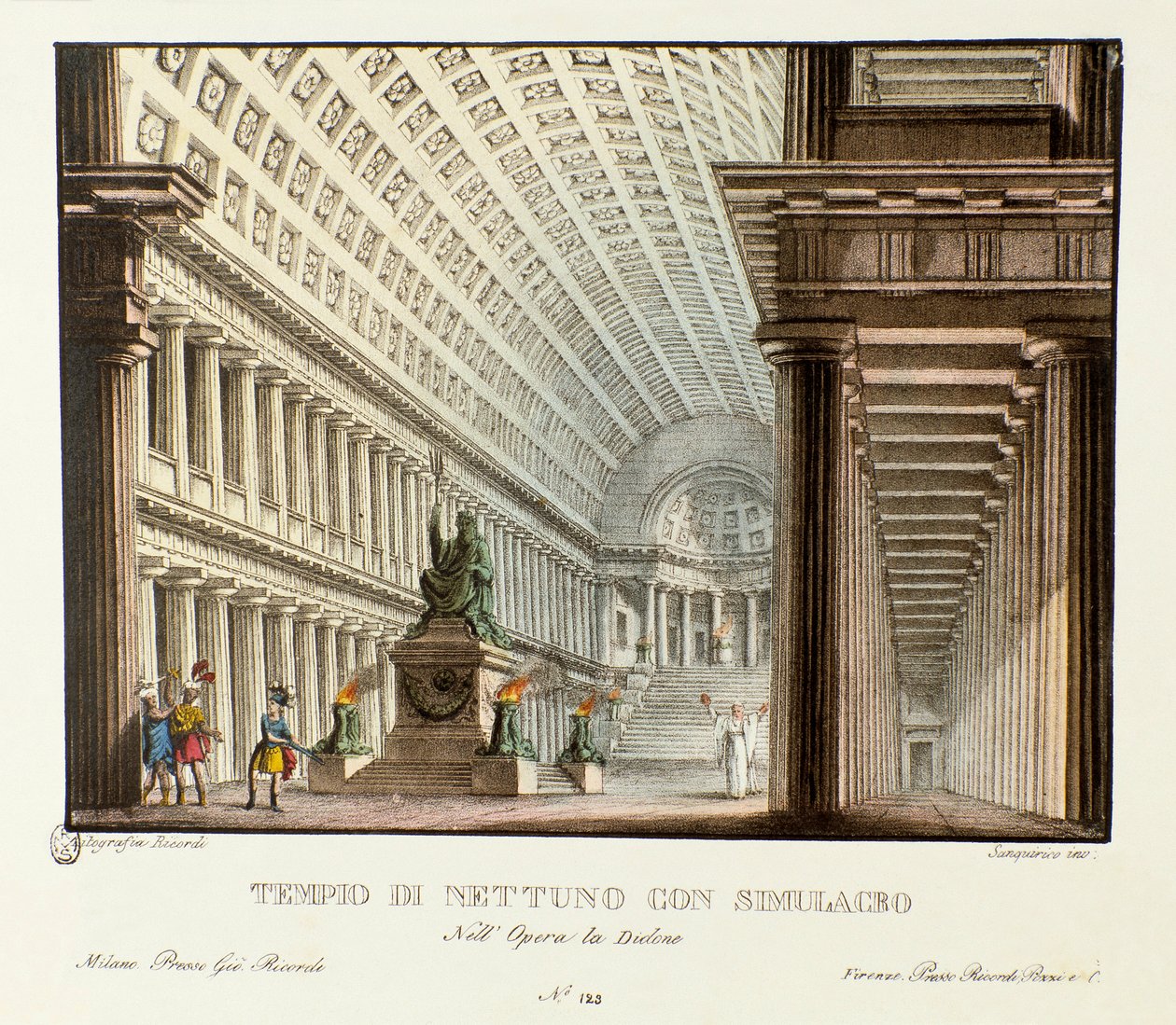 Udsigt over Neptuntemplet Scenografi til gengivelse af den lyriske tragedie "" Didone "" (Didon) (1783) af komponisten Niccolo Vito Piccinni (eller Piccini) efter operaen Metastasio (Metastase). Litografi i "" Samling af naturskønne opfindelser d af Alessandro Sanquirico