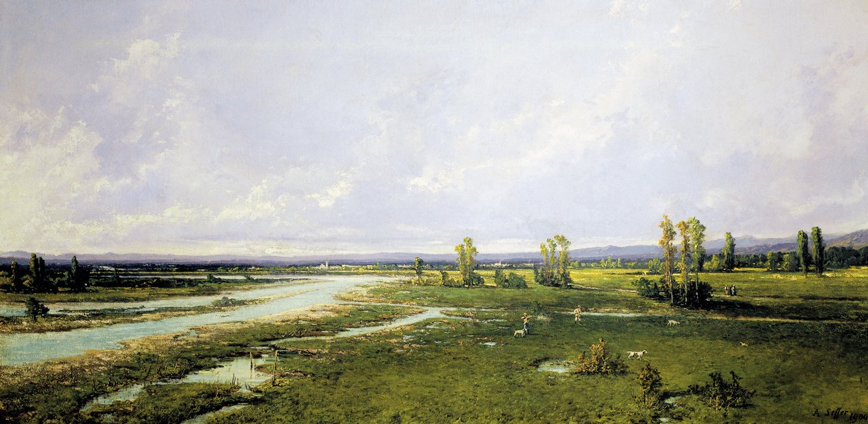 Jagt på flodleje af Piave i Belluno, Maleri af Alessandro Seffer (1832-1905), Olie på lærred af Alessandro Seffer Guerra