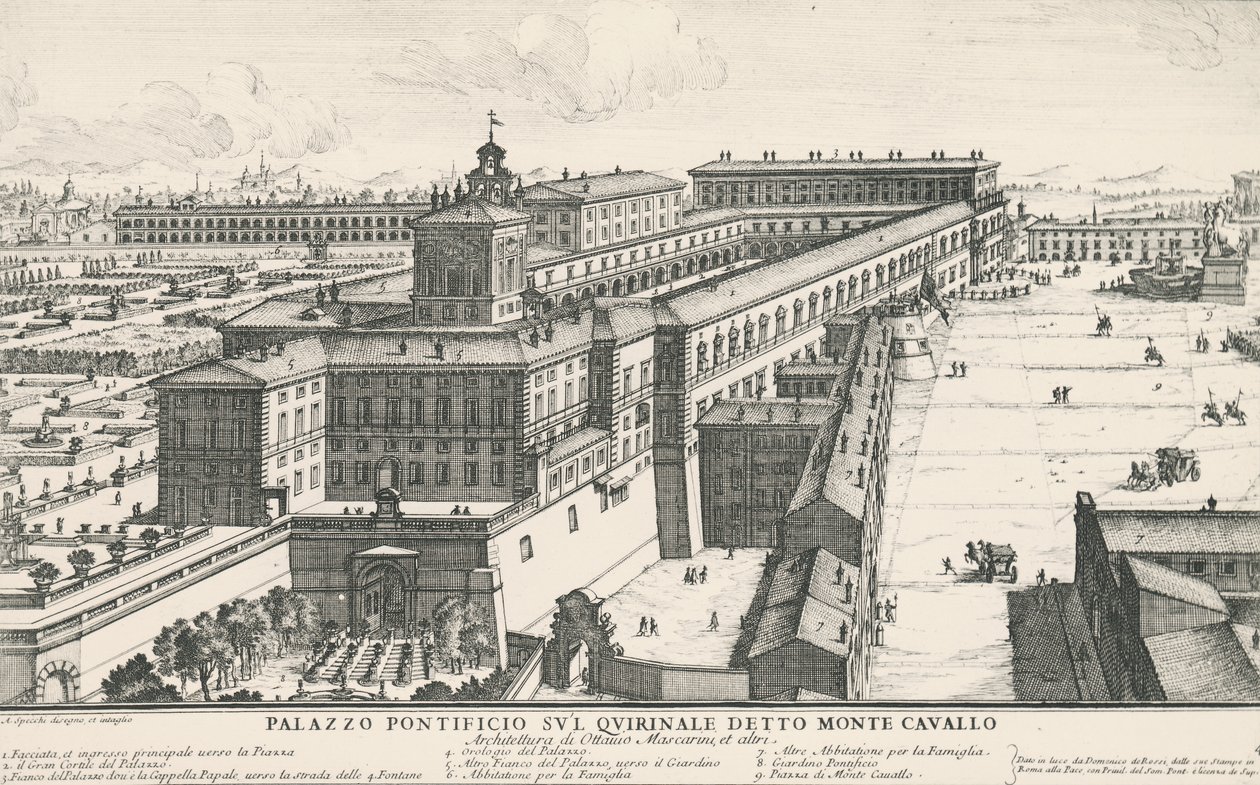 Pavepaladset på Quirinale-bakken, også kendt som Monte Cavallo, tegning og gravering af Alessandro Specchi (1668-1729), Italien af Alessandro Specchi