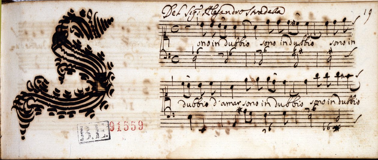 Jeg er i tvivl om kærlighed ... håndskrevne noder af Alessandro Stradella (1644 - 1682) italiensk komponist. Estense Bibliotek Modena af Alessandro Stradella