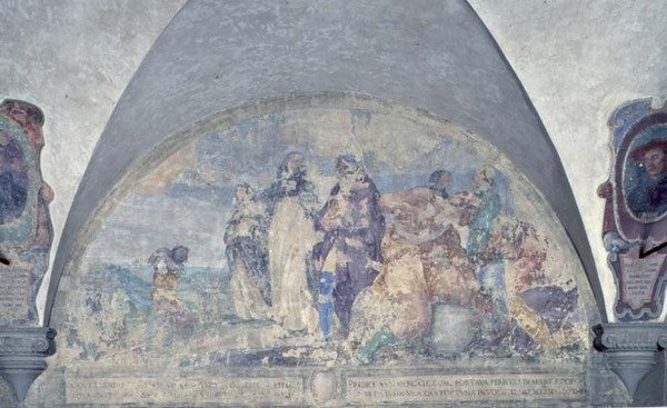 Sankt Antoninus prædiker for en købmand, som han reddede fra en frygtelig storm, lunette (fresko) af Alessandro Tiarini