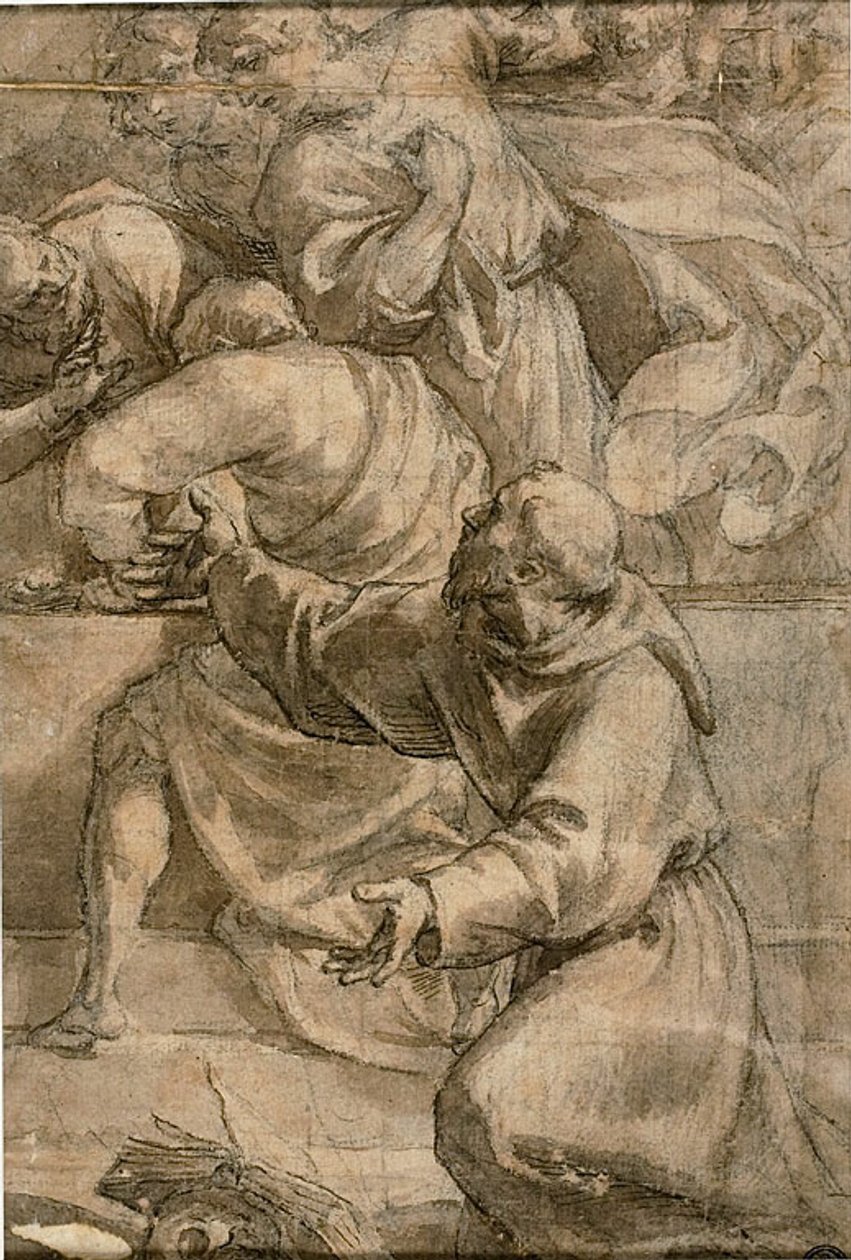 Fragment af en Himmelfartsscene (): Apostle med den hellige Frans af Assisi i forgrunden af Alessandro Turchi