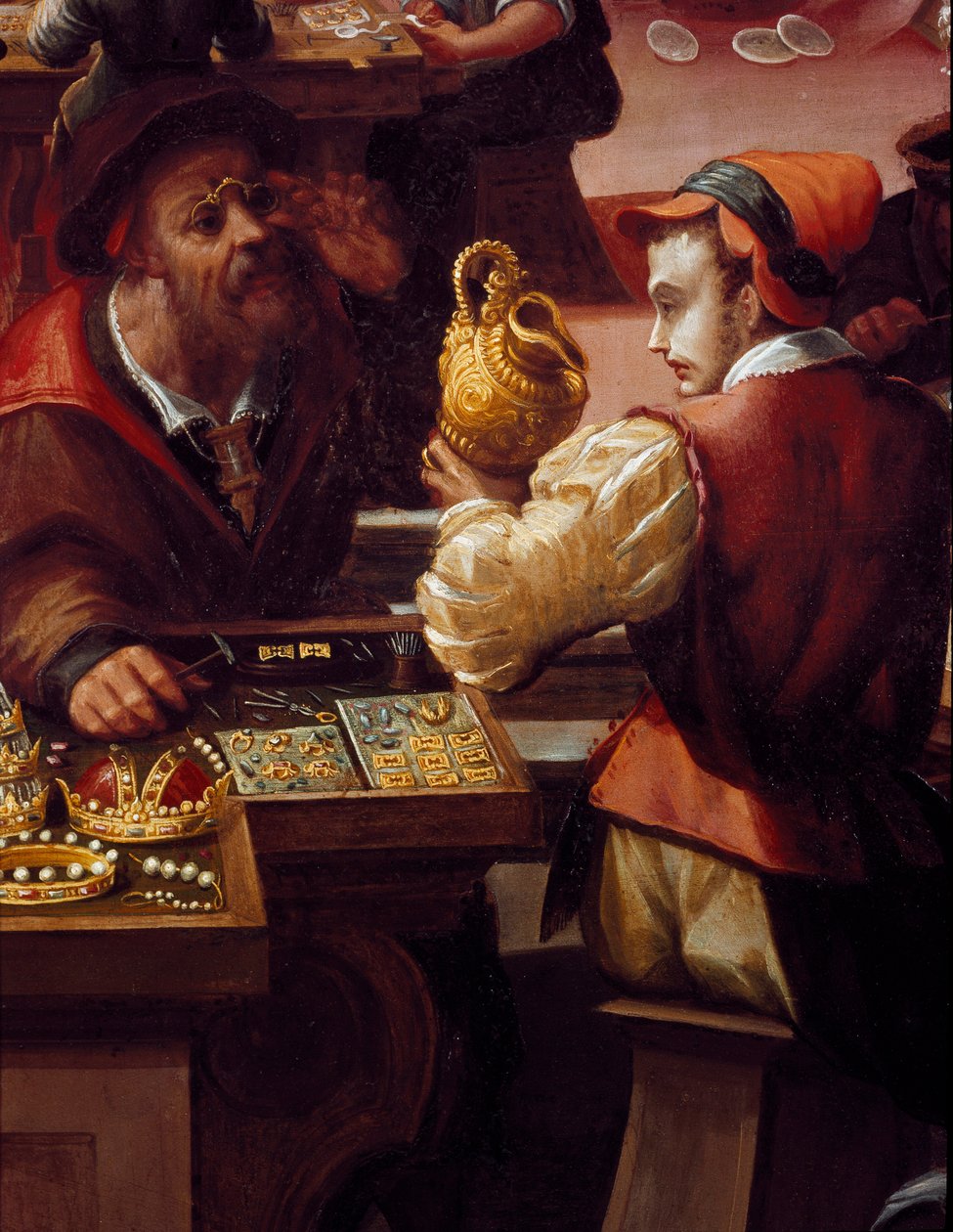 Guldsmedens værksted Detalje af handel med genstande, smykker. (Maleri af Alessandro di Vincenzio Fei