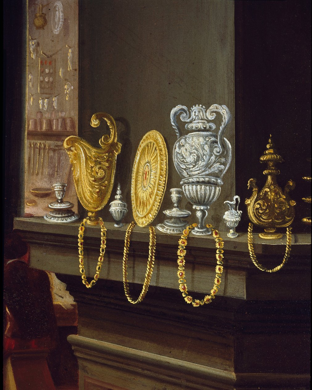 Guldormens værksted. Detalje, der viser kopperne og bakkerne af guld og sølv på en hylde (maleri af Alessandro di Vincenzio Fei