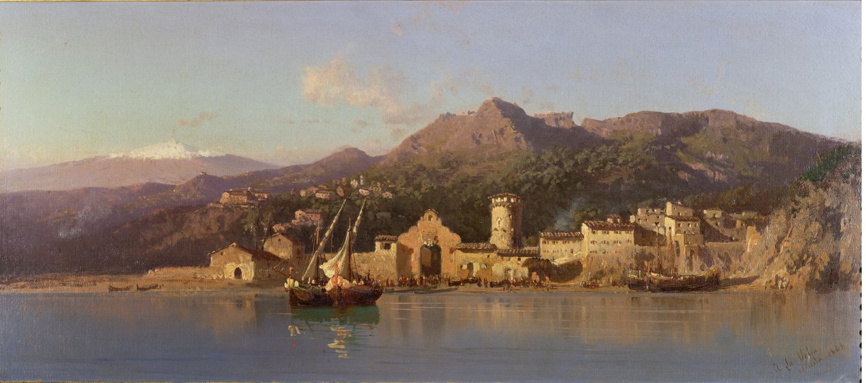 Udsigt over Taormina, Sicilien, med Etna i baggrunden, 1868 af Alessandro la Volpe