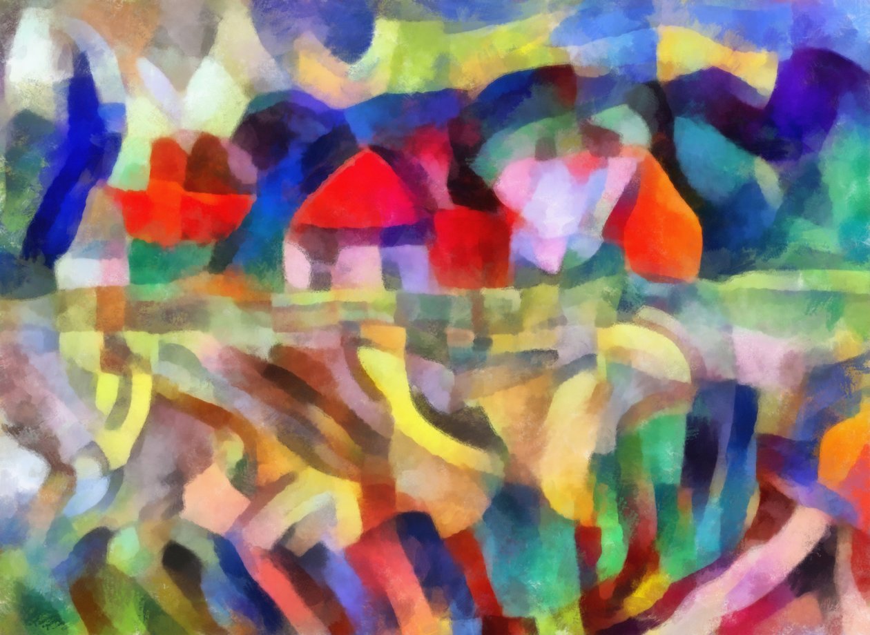rød-orange huse i marken, 2017, af Alex Caminker
