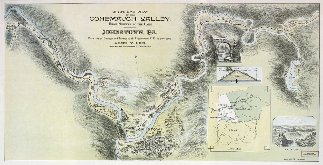 Fugleperspektiv af Conemaugh-dalen fra Nineveh til søen, Johnstown, Pa.: fra personlige skitser og undersøgelser af Pennsylvania R.R. med tilladelse af Alex. Y.; Pennsylvania Railroad Lee