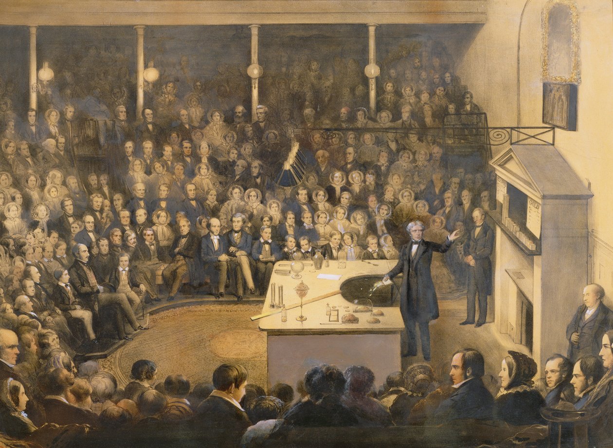 Michael Faraday (1791-1867) Foredrag i teatret ved den kongelige institution, ca. 1856 (farvet litografi) af Alexander Blaikley