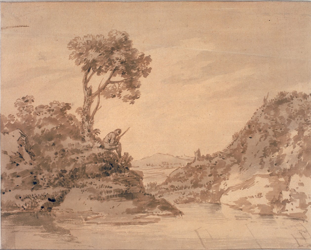 Landskab med figur på bredden af en dam (akvarel på papir (brun)) af Alexander Cozens