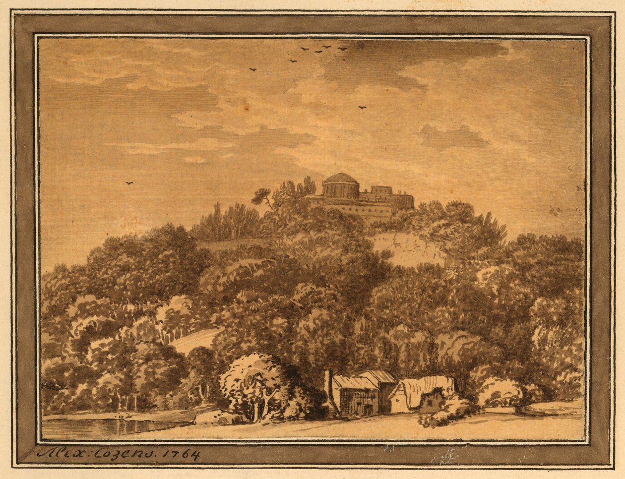 Landskab med tempel, 1764 (vask på papir) af Alexander Cozens