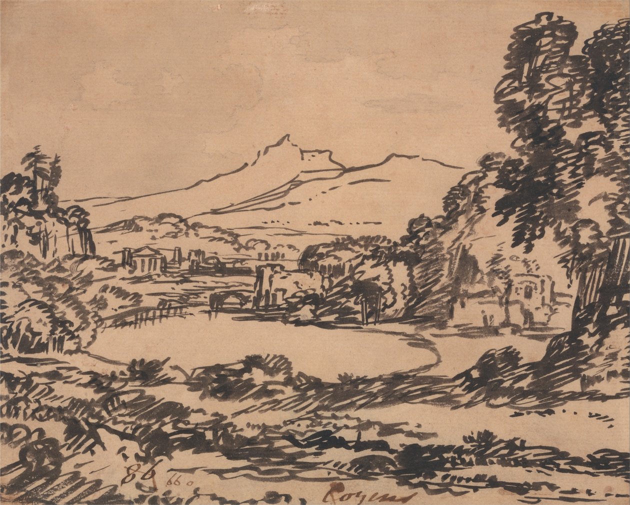 Landskab med en sø og fjerntliggende bjerg af Alexander Cozens