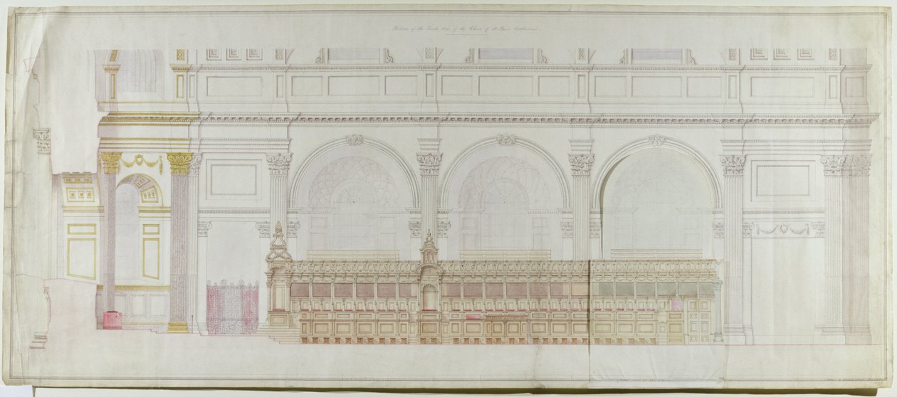 Forhøjning af koret i St. Pauls Cathedral som omindrettet af C.R. Cockerell (1788-1863) 1848 (blyant og wc på papir) af Alexander Dick Gough