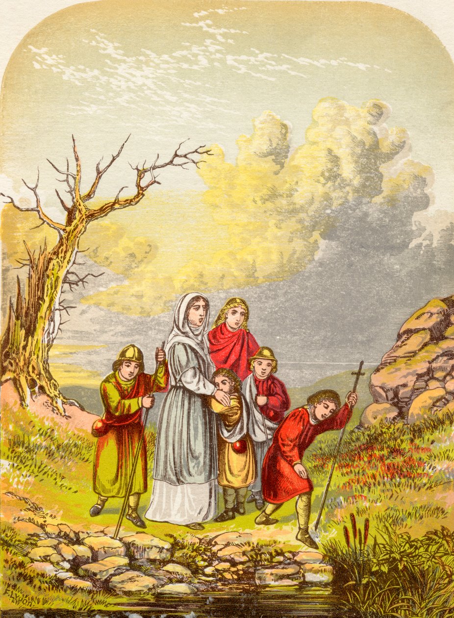 Christiana og hendes børn ankommer til Slough of Despond, fra The Pilgrims Progress af John Bunyan, udgivet omkring 1880 af Alexander Francis Lydon