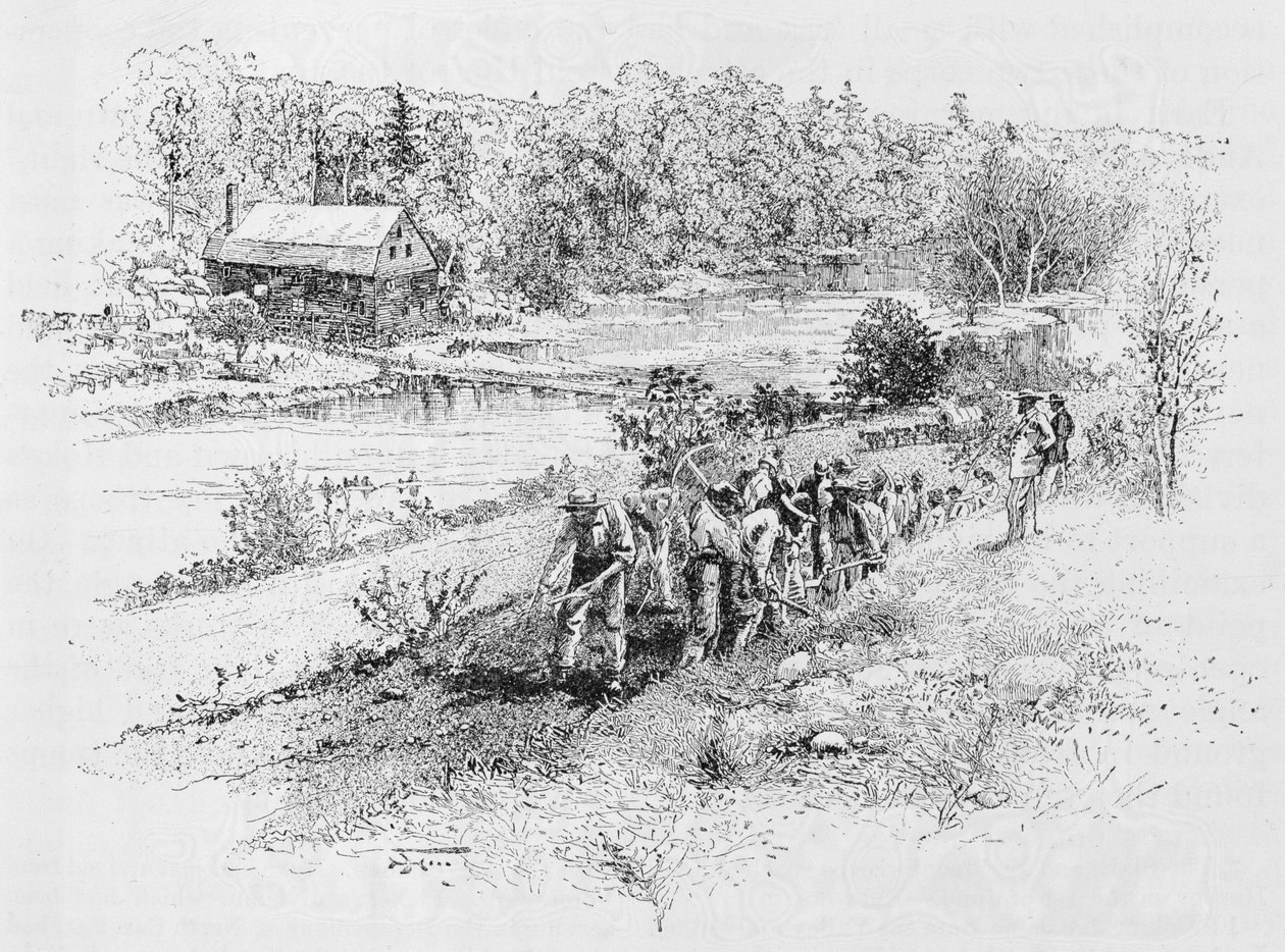 Jericho Mills: Unionens ingeniørkorps på arbejde, indgraveret af Harry Fenn (183845-1911) fra et fotografi, illustration fra 