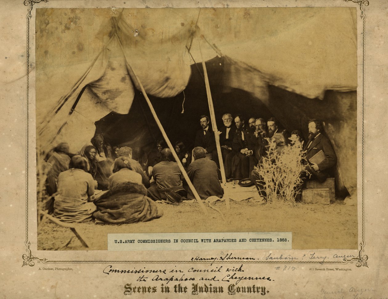 Amerikanske hærkommissærer i råd med Arapahoes og Cheyennes. Fort Laramie, Wyoming. General William S. Harney og William T. Sherman af Alexander Gardner
