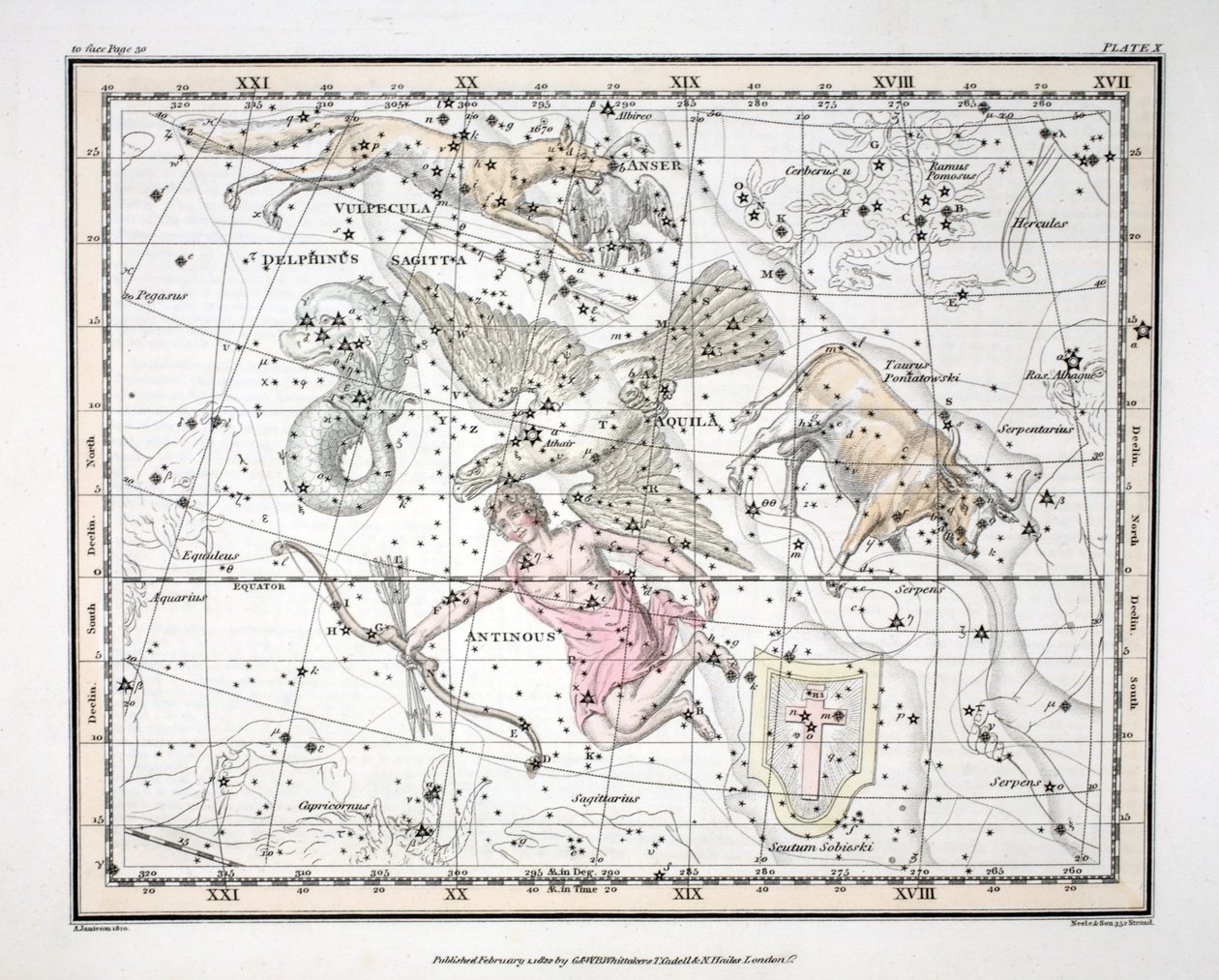 The Constellations (Plate X) Aquila et Antinous, Scutum Sobieski, Taurus Poniatowski, Sagitta, Valpecula et Anser og Delphinus, fra 