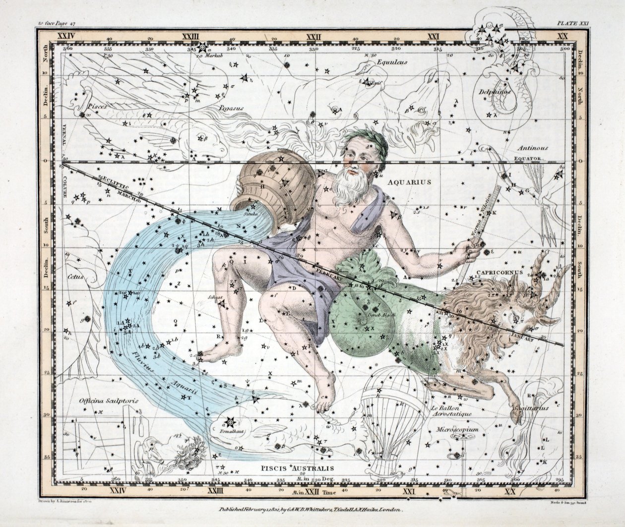 Stjernebillederne (Tavle XXI) Stenbukken og Vandmanden, fra "A Celestial Atlas" af Alexander Jamieson, udgivet af Alexander Jamieson. London 1822 (håndkoloreret gravering) af Alexander Jamieson