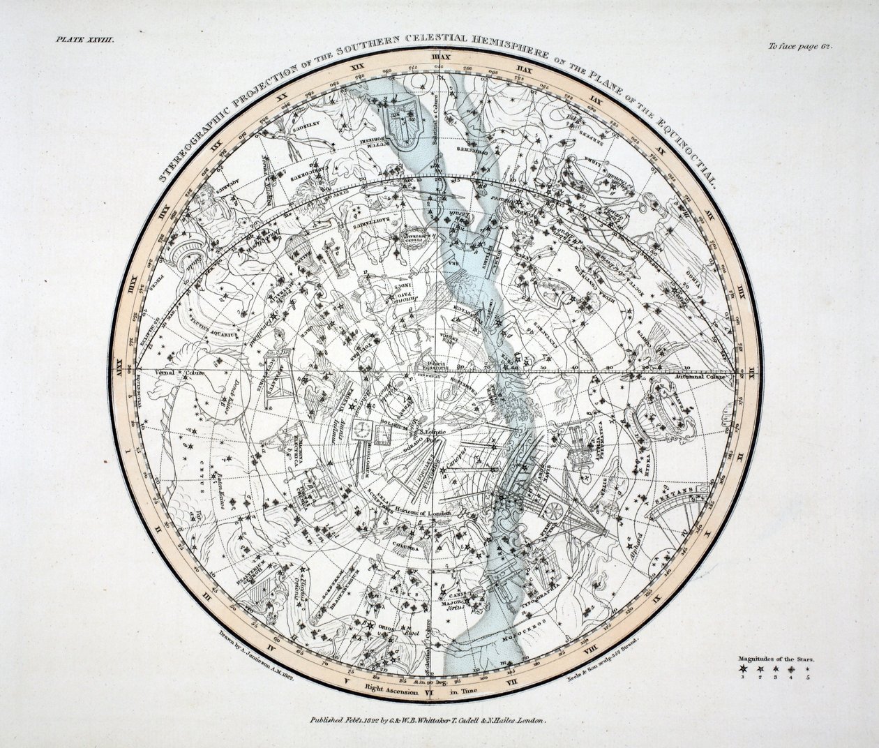 Den sydlige halvkugle (plade XXVIII) Phoenix, Piscis Volans, Pavo et Indus, Apus Indica, Grus, Circinus, Dorado vel Xiphias, Kamæleonen, Crux, Mons Mensae, Reticula Rhomboidalis, Octans Hadlienus af Alexander Jamieson