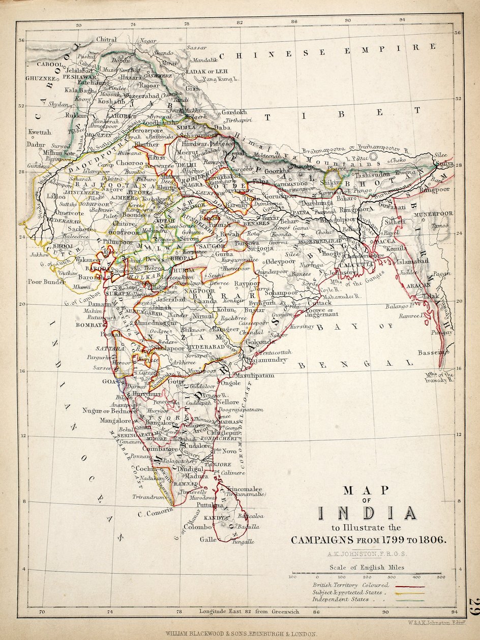 Kort over Indien, udgivet af William Blackwood and Sons, Edinburgh og London, 1848 (håndfarvet gravering) af Alexander Keith Johnston