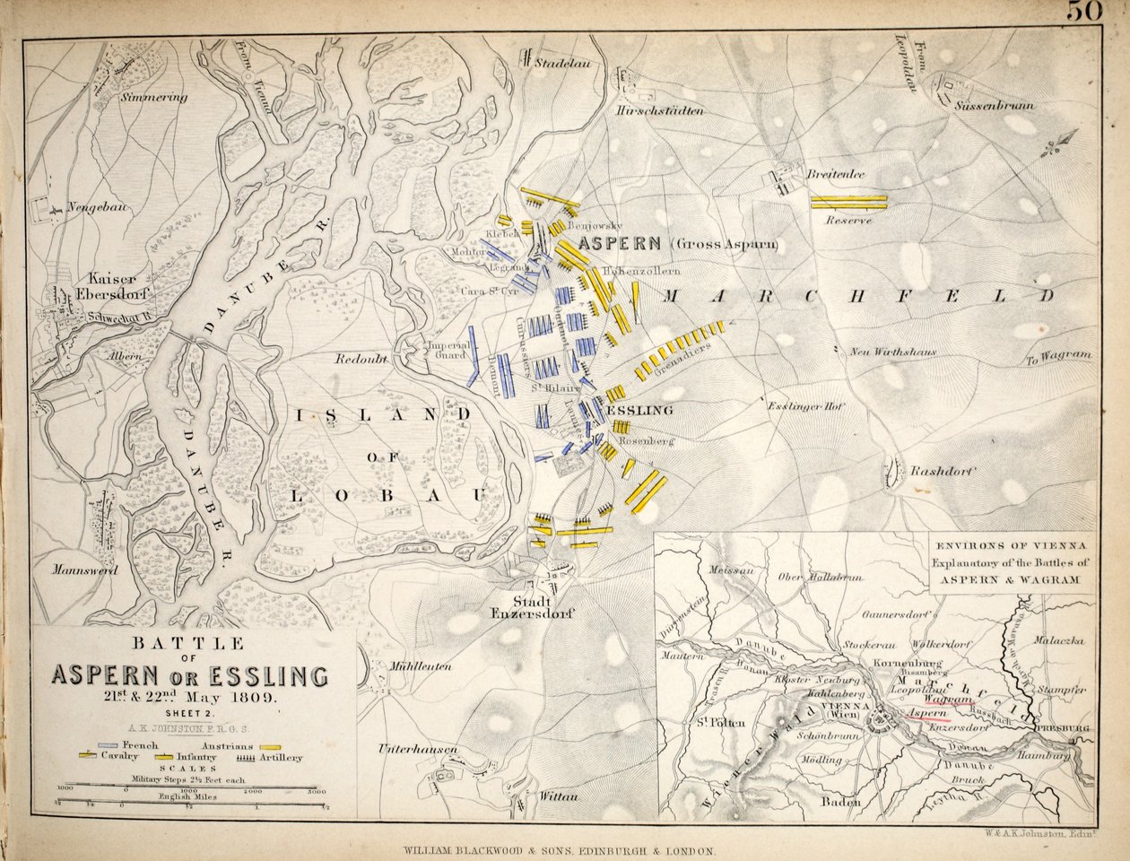 Kort over slaget ved Aspern eller Essling, udgivet af William Blackwood and Sons, Edinburgh og London, 1848 (håndfarvet gravering) af Alexander Keith Johnston