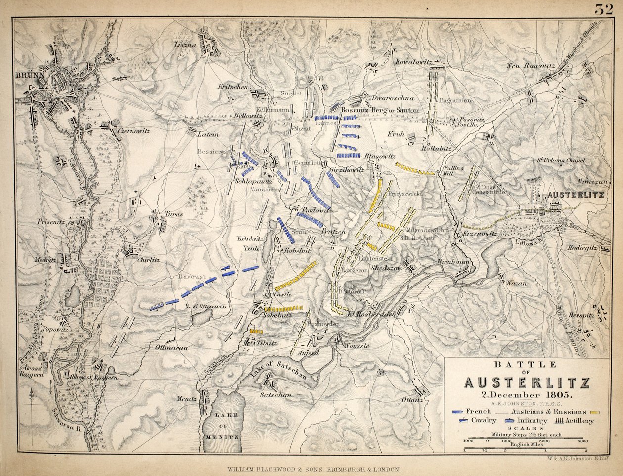 Kort over slaget ved Austerlitz, udgivet af William Blackwood and Sons, Edinburgh og London, 1848 (håndkoloreret gravering) af Alexander Keith Johnston