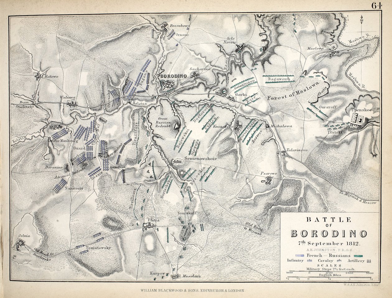 Kort over slaget ved Borodino, udgivet af William Blackwood and Sons, Edinburgh og London, 1848 (håndkoloreret gravering) af Alexander Keith Johnston