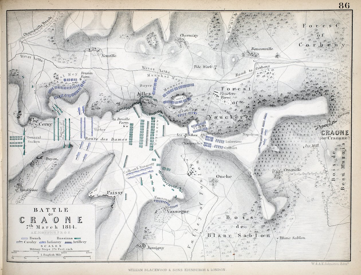 Kort over slaget ved Craone, udgivet af William Blackwood and Sons, Edinburgh og London, 1848 (håndkoloreret gravering) af Alexander Keith Johnston